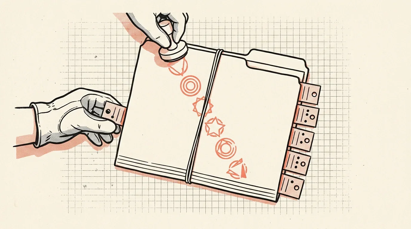 A cartoon-style illustration of a hand holding a pen, writing on paper, next to an open folder with lined pages and red circl