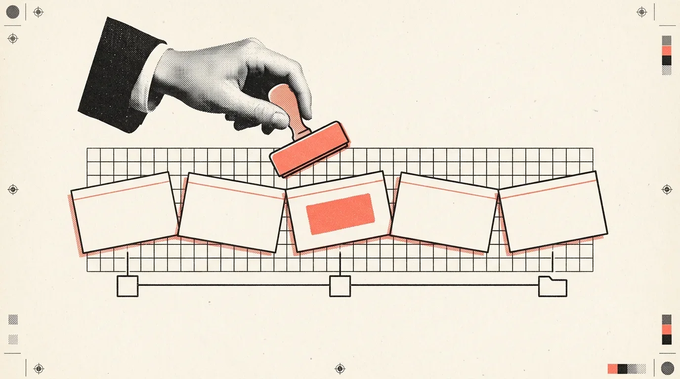 Illustration of a hand in a black suit holding a red rubber stamp over a grid of blank cards, with a colorful bar graph on th