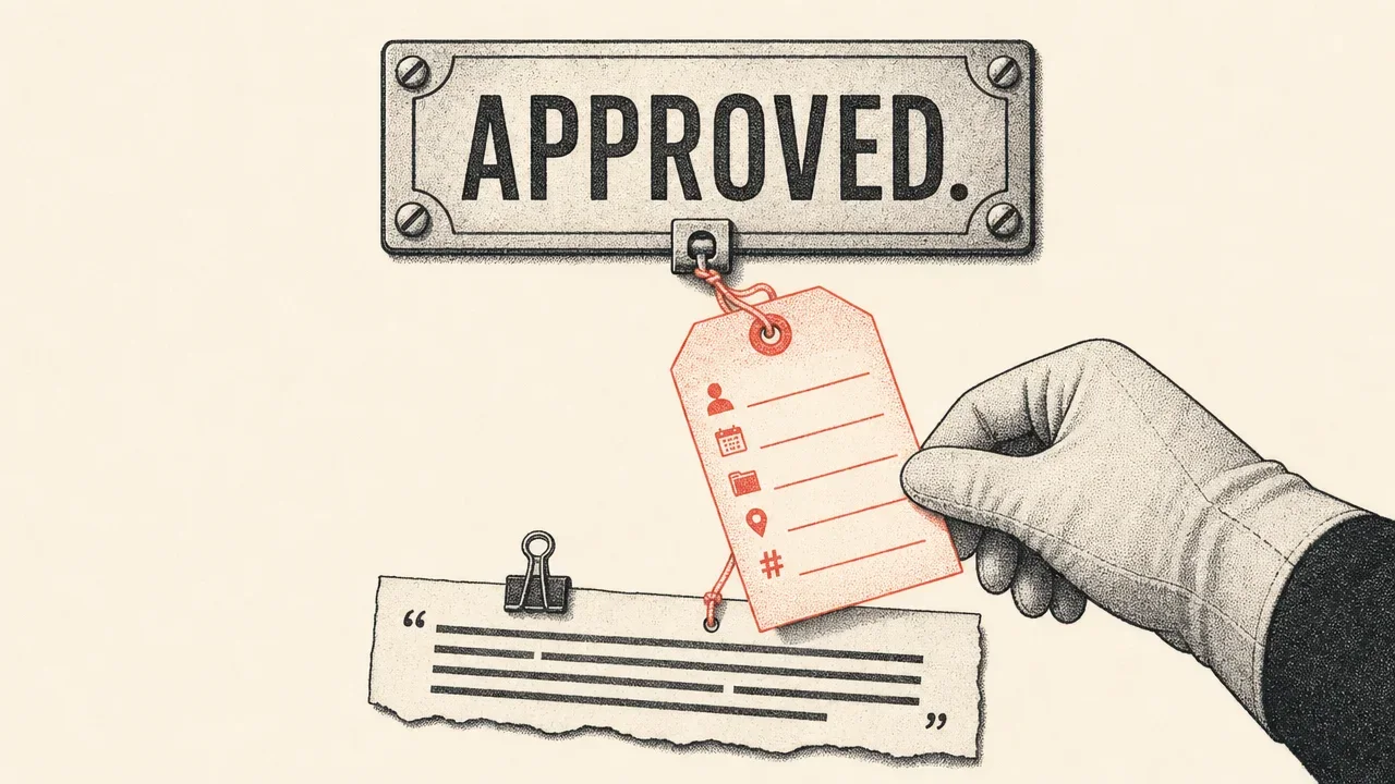 Black and white illustration of a gloved hand holding a red "APPROVED" tag attached to a metal plate and document below.