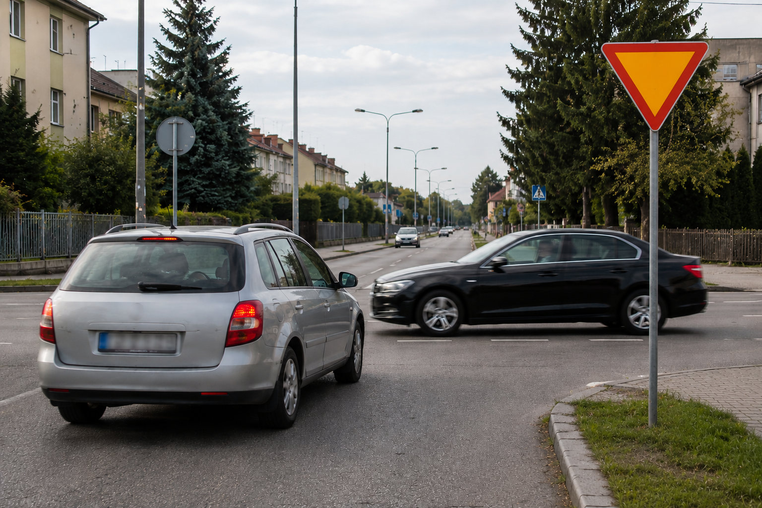 Dwa samochody i droga ze znakiem ustąp pierwszeństwa