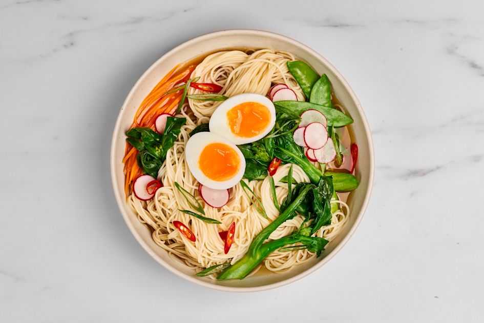 Ramen Bowl with Soft-Boiled Eggs and Steamed Vegetables