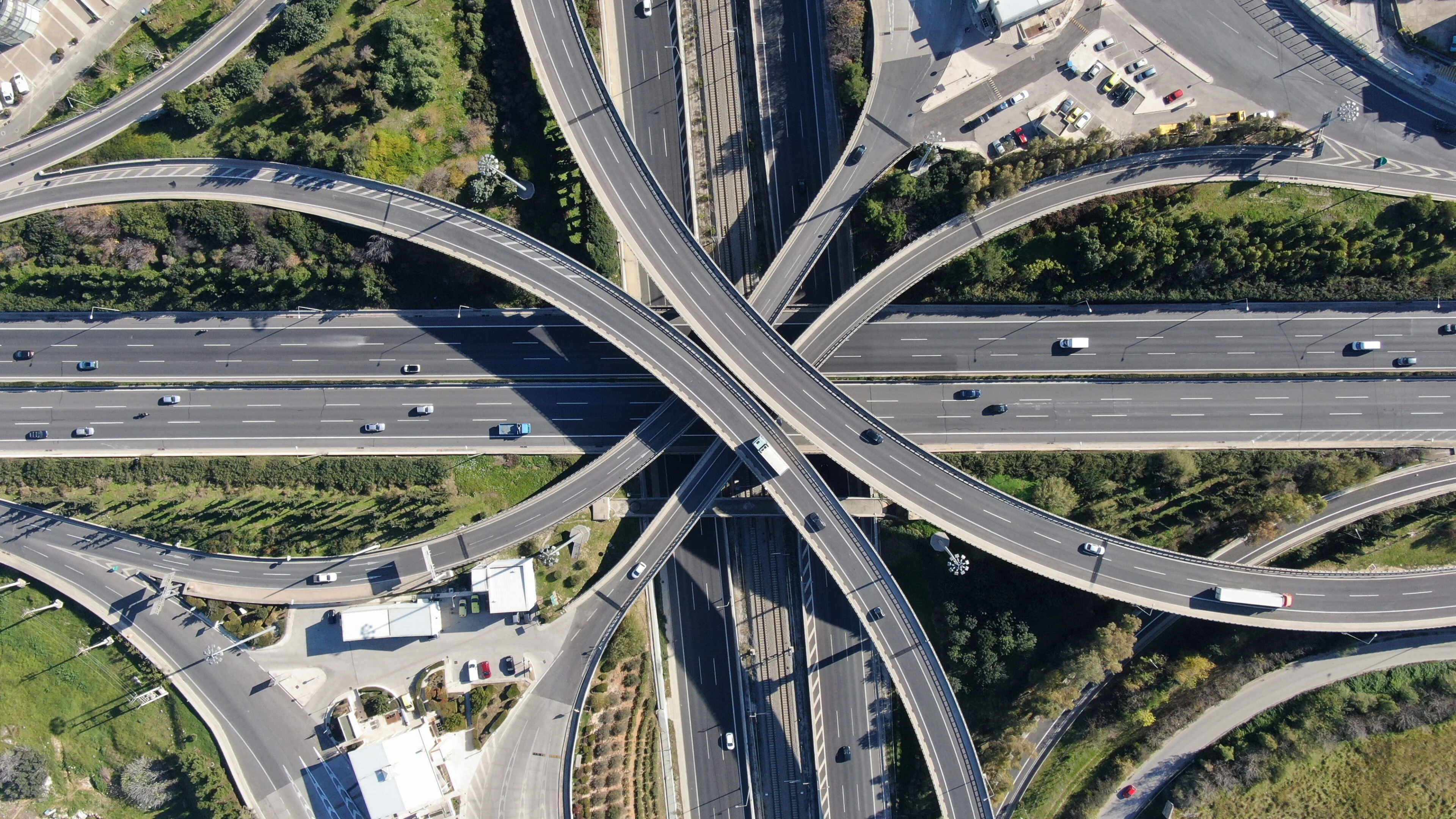 Aerial photo of multilevel elevated highway.