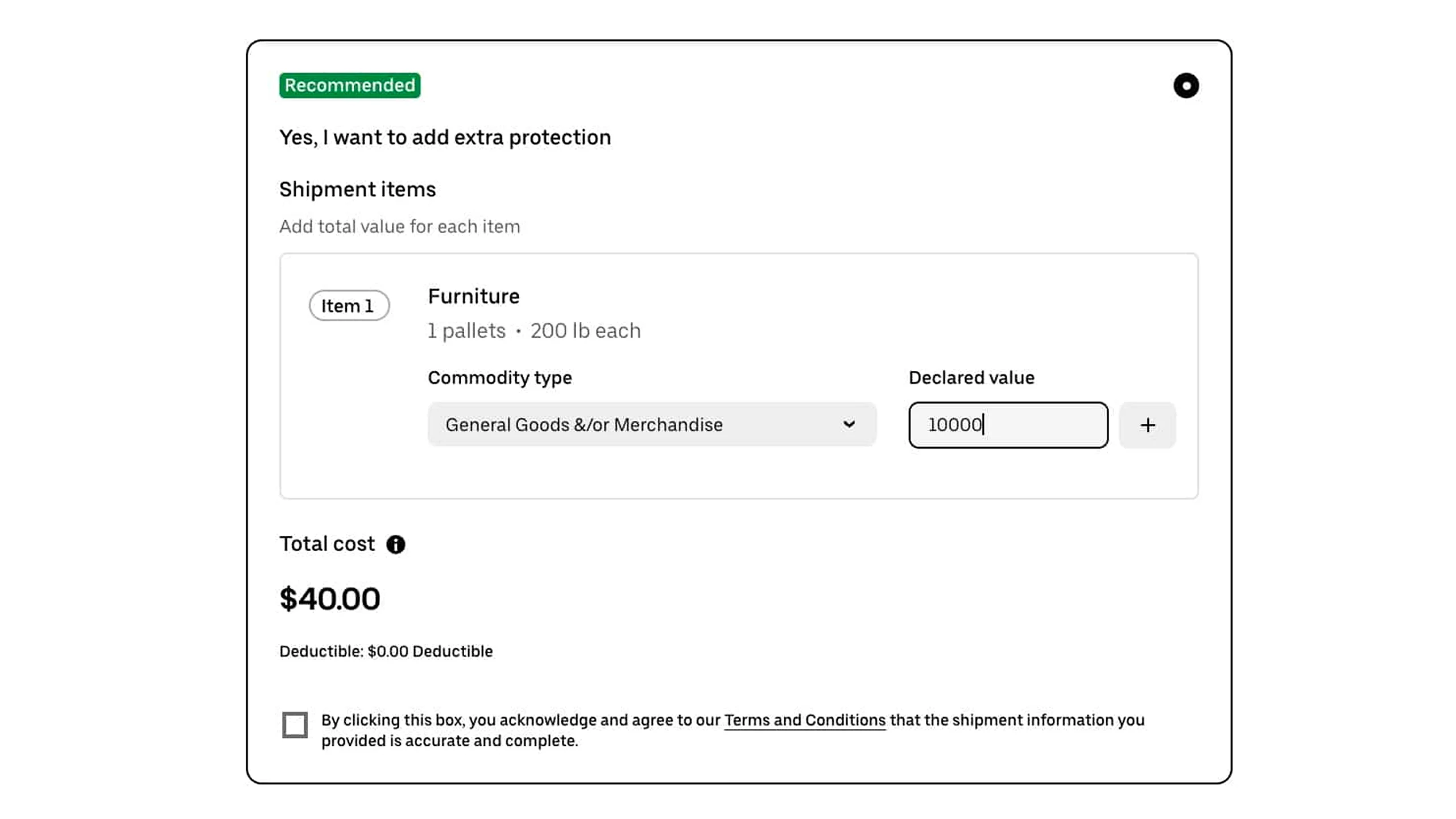 Shipping insurance form showing coverage details for furniture shipment valued at $10,000 with $40 cost and zero deductible.