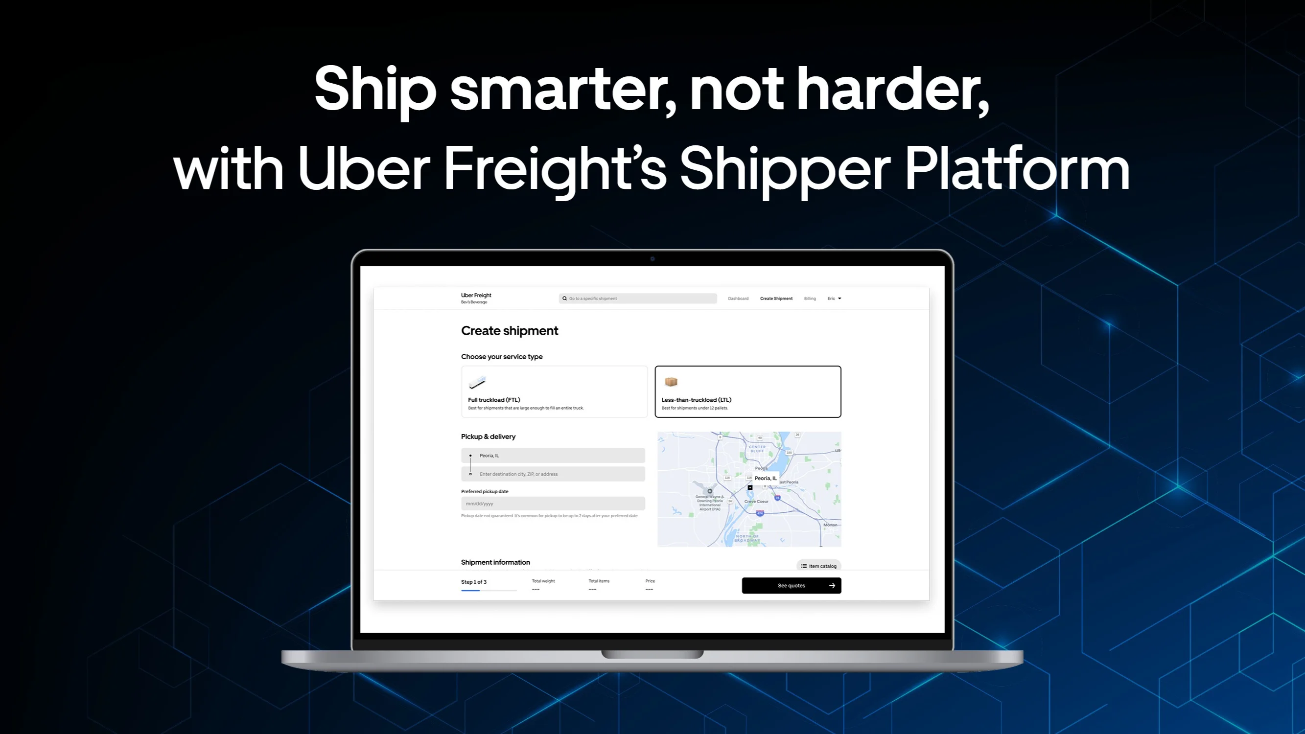Laptop displaying Uber Freight's Shipper Platform interface with shipment creation options against a blue digital background.