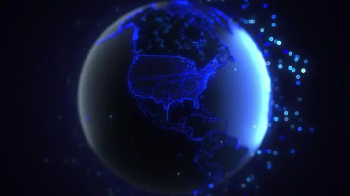 Digital globe showing North America with glowing blue outlines against a dark background, surrounded by particle effects.