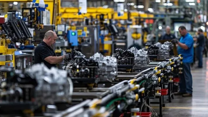 Workers assembling engine components on a manufacturing production line with yellow machinery in a factory setting.