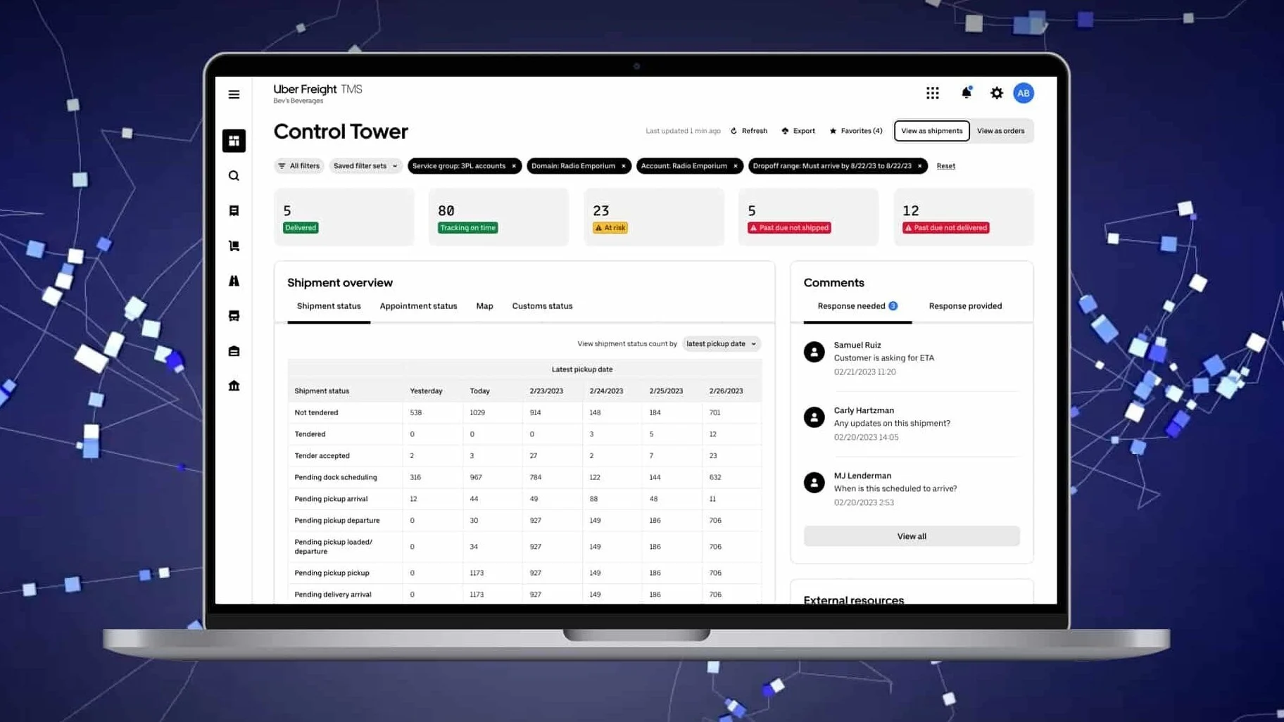 Laptop displaying Uber Freight TMS Control Tower dashboard with shipment statistics and customer comments on a blue background.