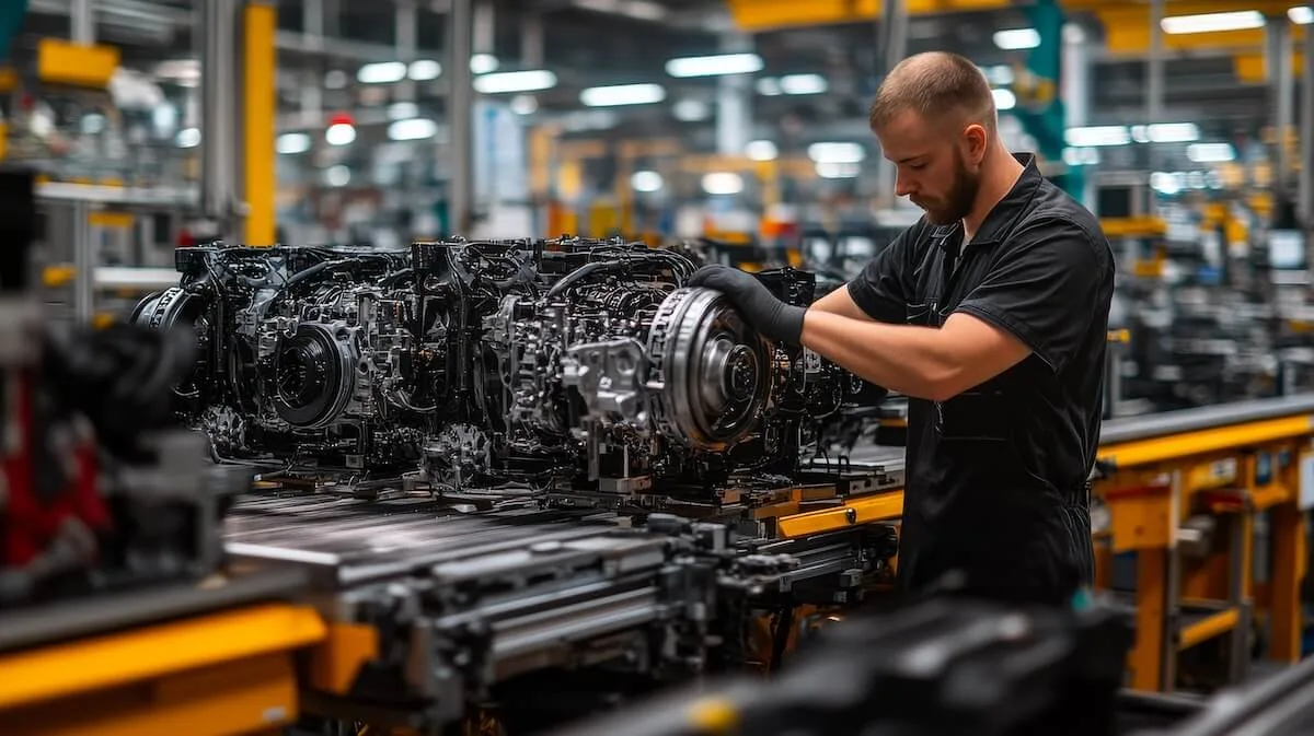 Man working on an automotive assembly line, wearing black work clothes and gloves, carefully assembling a large engine component on a conveyor in a modern, brightly lit factory.