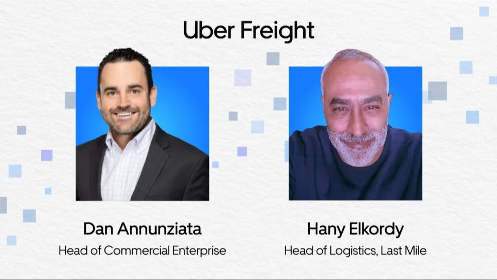 Two Uber Freight executives with blue backgrounds: Dan Annunziata, Head of Commercial Enterprise, and Hany Elkordy, Head of Logistics.