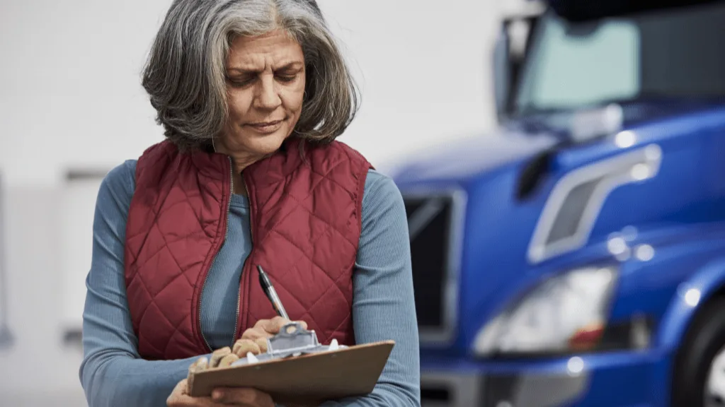 Woman writing on clipboard.