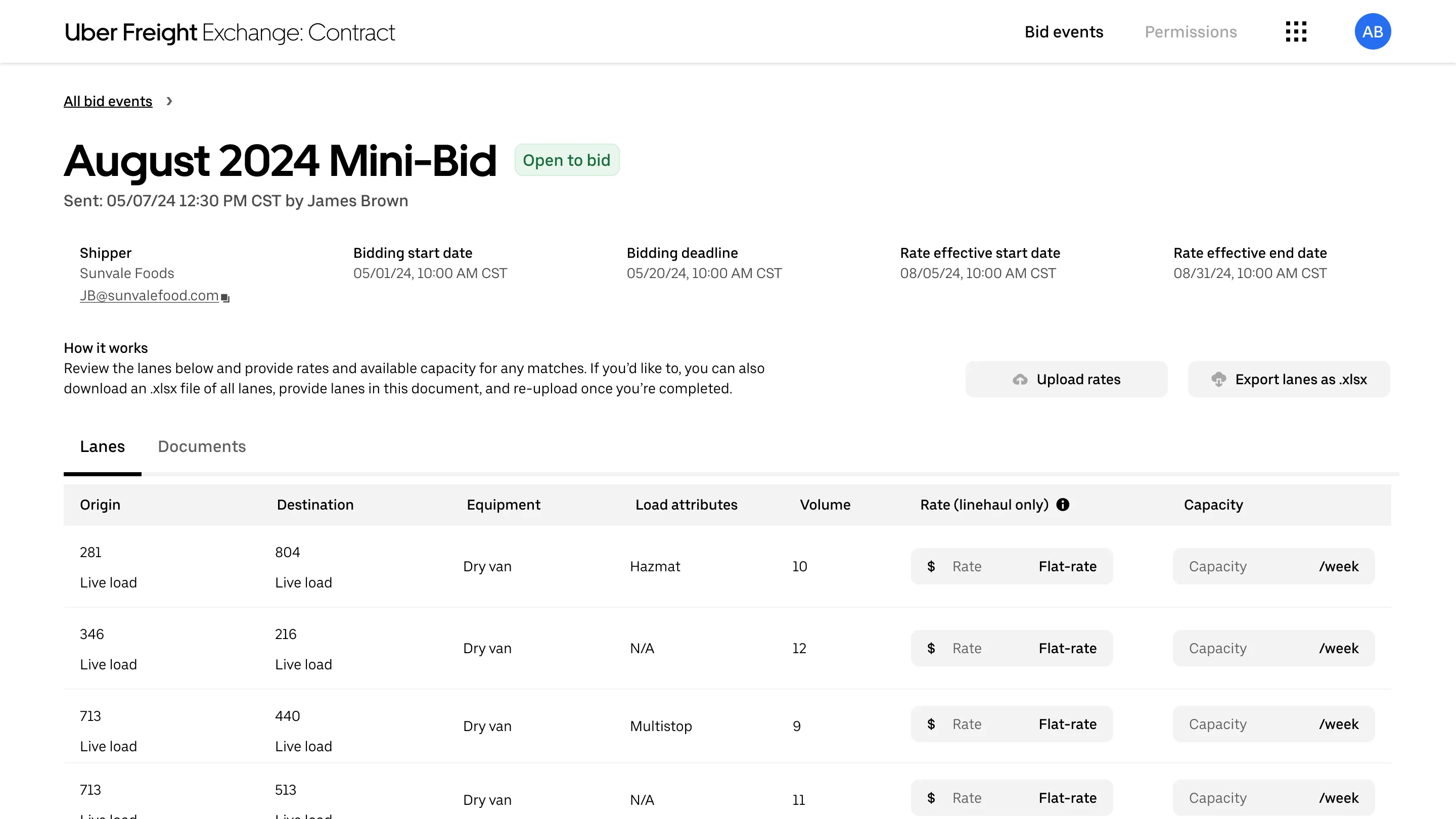 A screenshot of Exchange Contract Bid Details