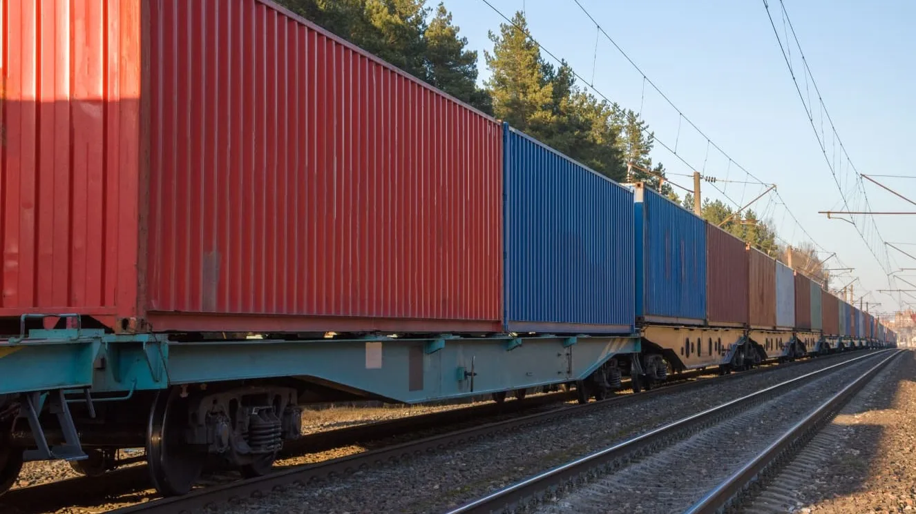 Freight train with colorful shipping containers, primarily red and blue, traveling along tracks with pine trees in background.