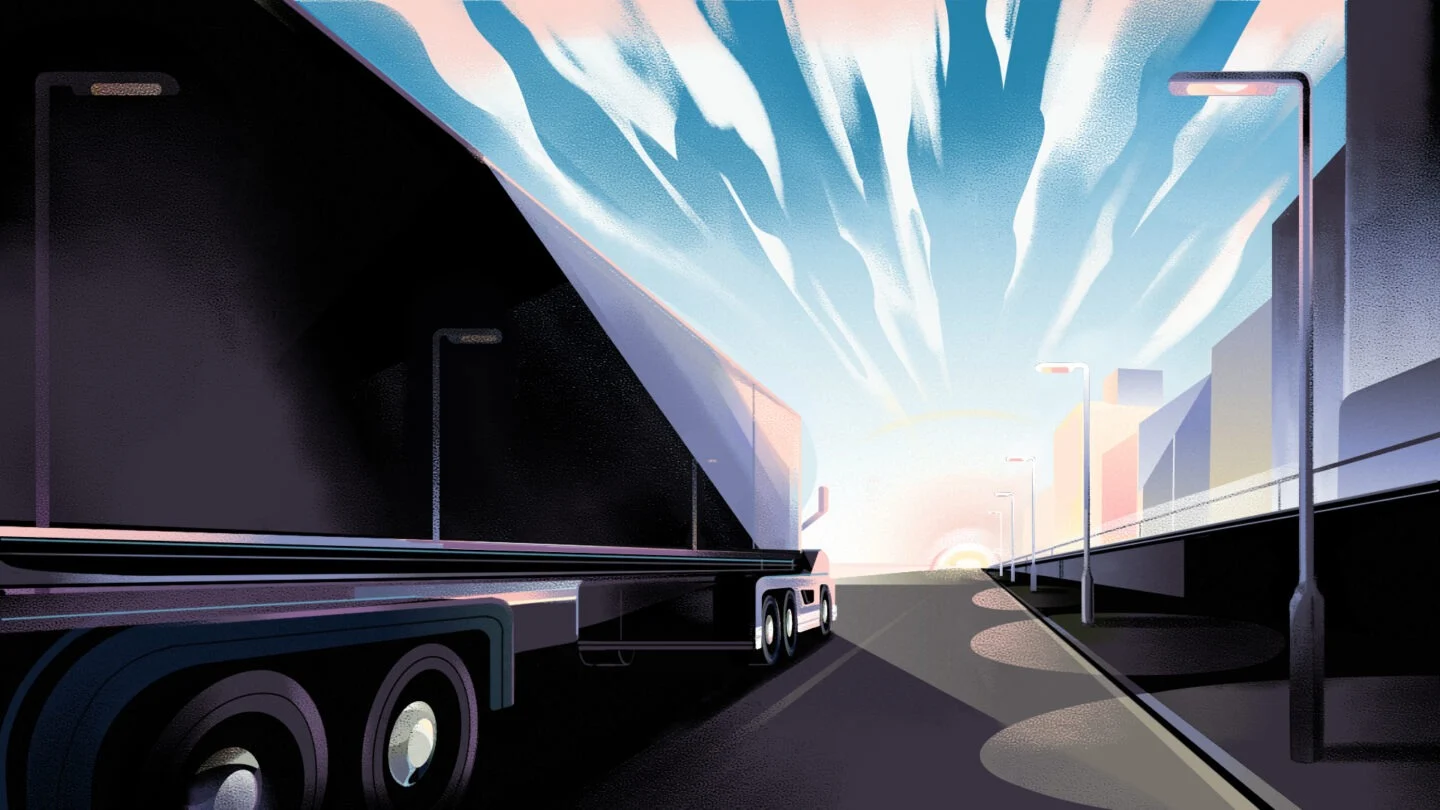 Truck driving on road.