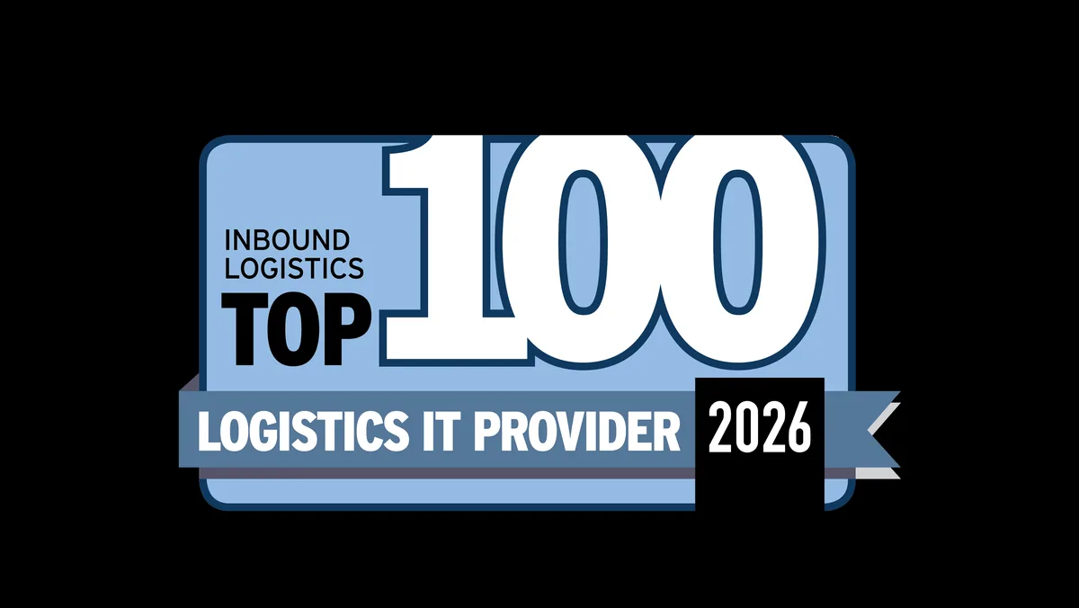 Insignia de premio moderno con texto: Inbound Logistics TOP 100. Una cinta azul dice LOGISTICS IT PROVIDER. Un cuadro negro a la derecha muestra el año 2026. El elemento central es un gran número 100.