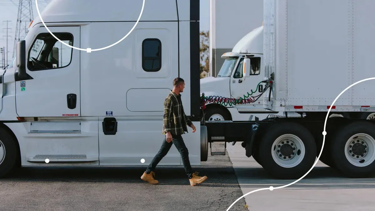 Un chauffeur de camion marchant près d'un semi-remorque blanc dans une cour de transport, avec un graphique numérique superposé de lignes et nœuds interconnectés représentant l'orchestration de la chaîne logistique.