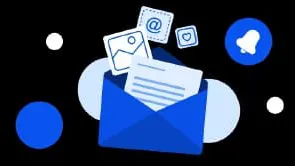 Blue envelope with email icons and notification bell against black background with white dots