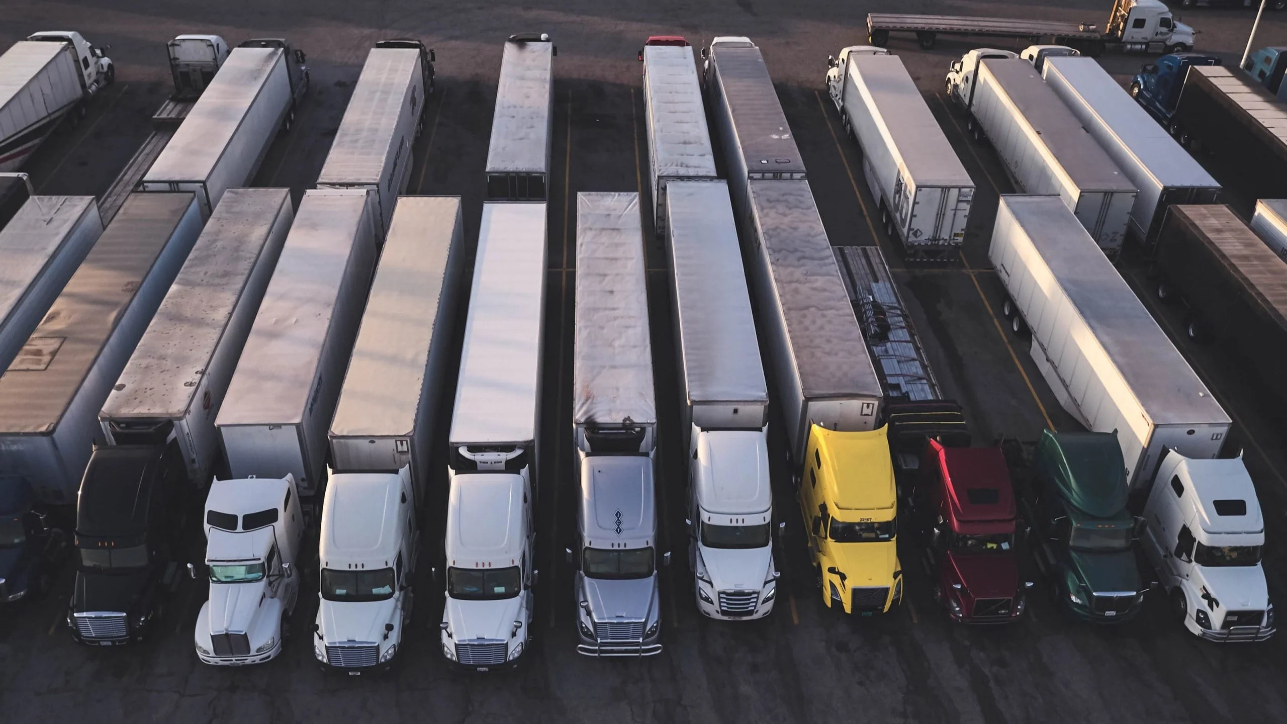 Overhead view of rows of trucks.