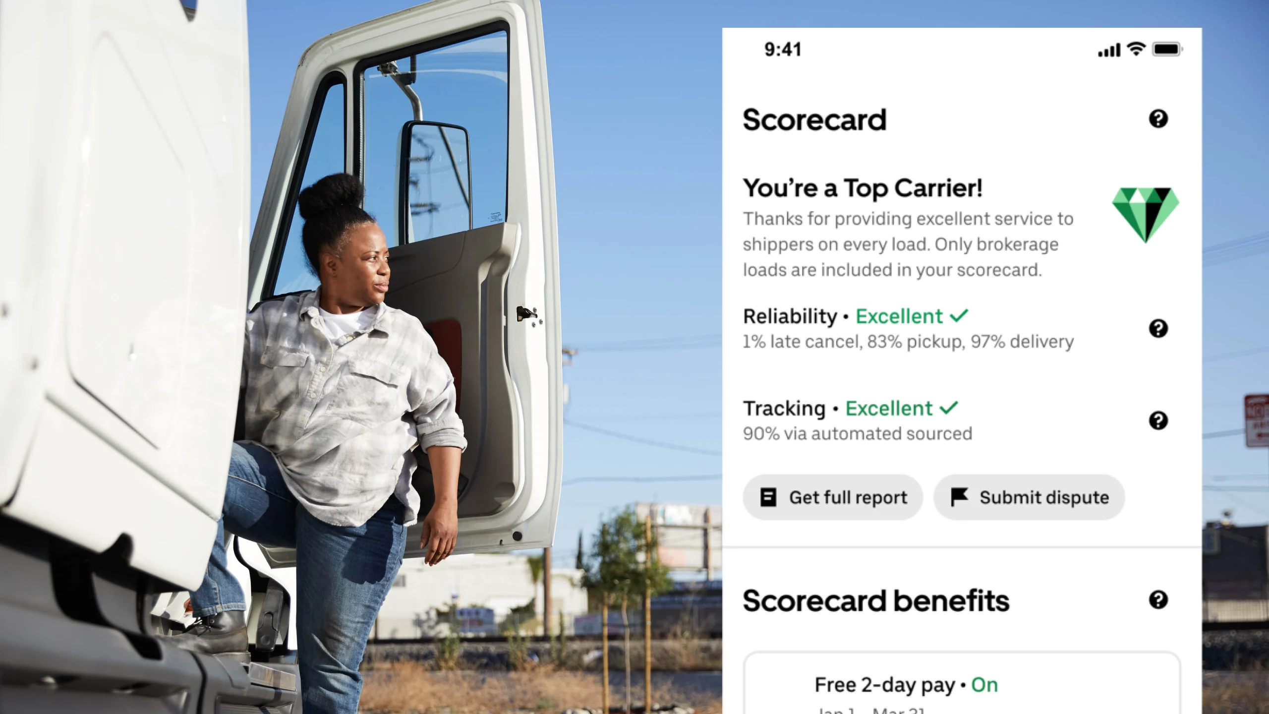 Scorecard reward next to woman entering a truck
