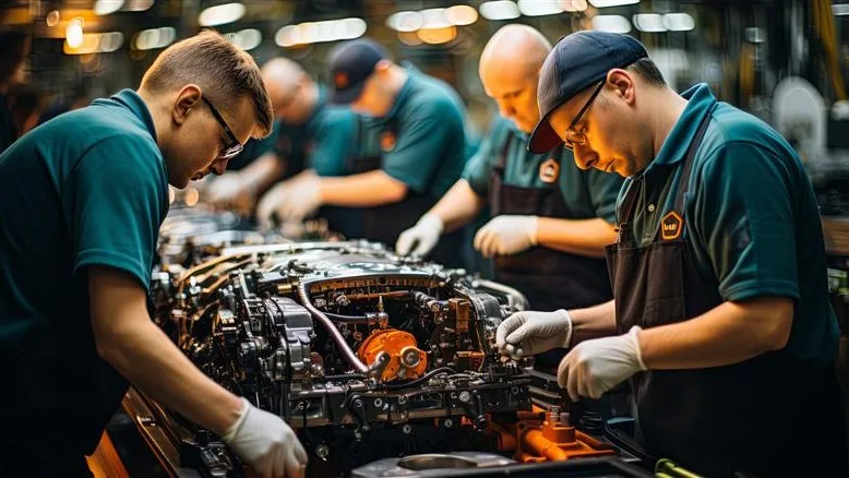 Workers assebmling a vehicle in an automotive manufacturing plant.