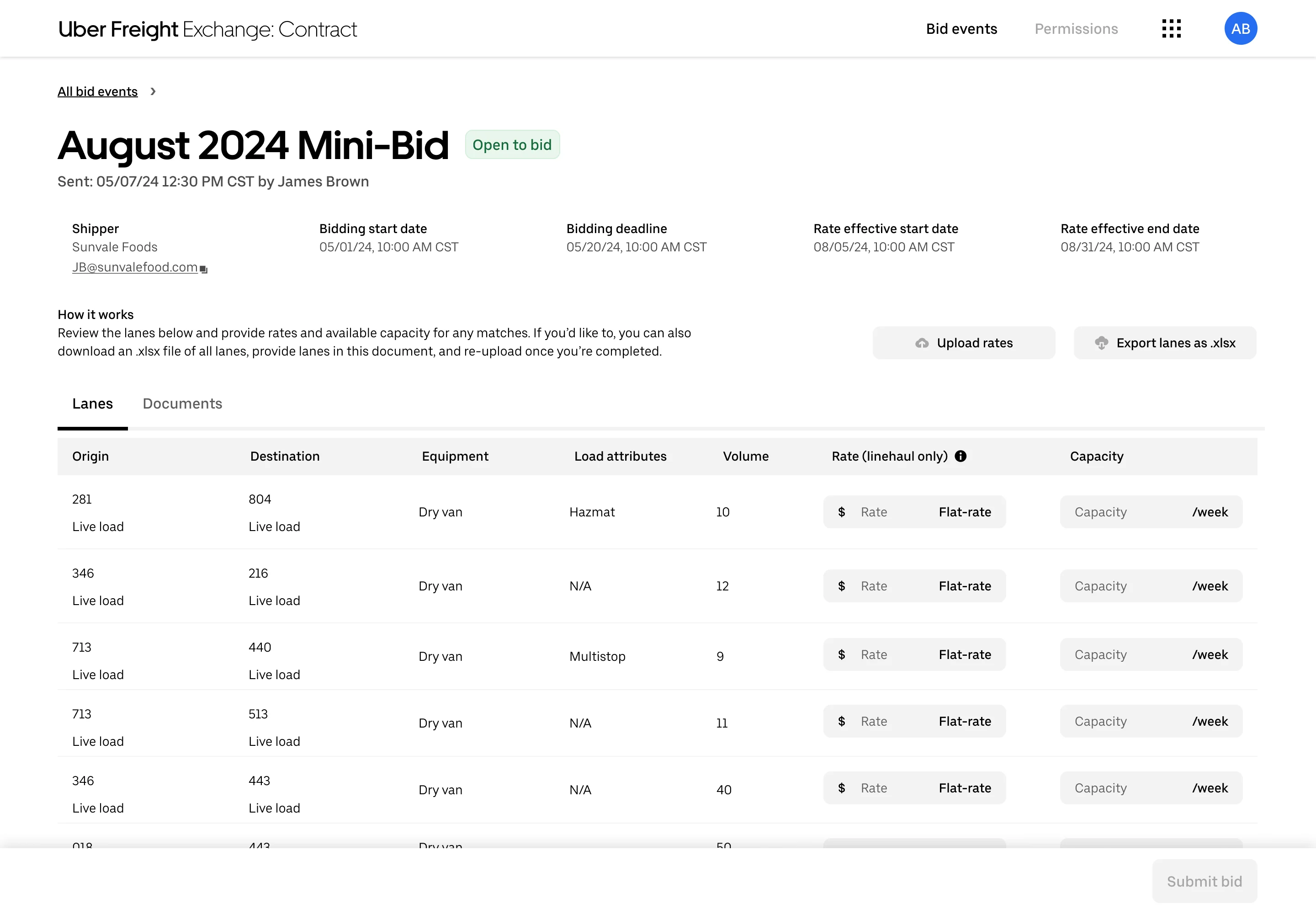 Uber Freight Exchange interface showing August 2024 Mini-Bid details with shipping lanes, rates, and capacity information for Sunvale Foods.