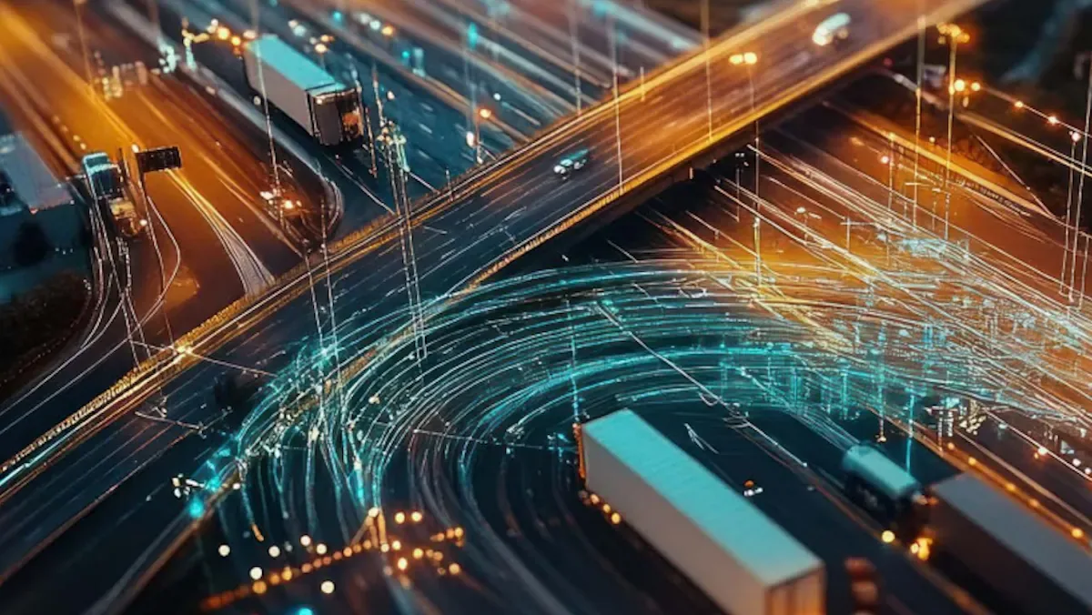Aerial night view of a highway overpass and interchange with semi trucks and cars, overlaid with glowing teal and orange light trails and data lines that suggest connected, digitally tracked traffic and logistics.