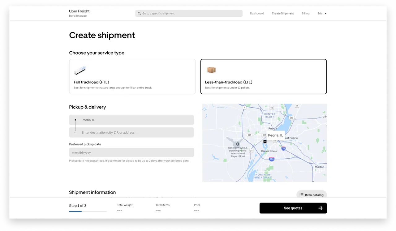 Uber Freight interface showing "Create LTL shipment" form with pickup/delivery fields and a map of the United States.