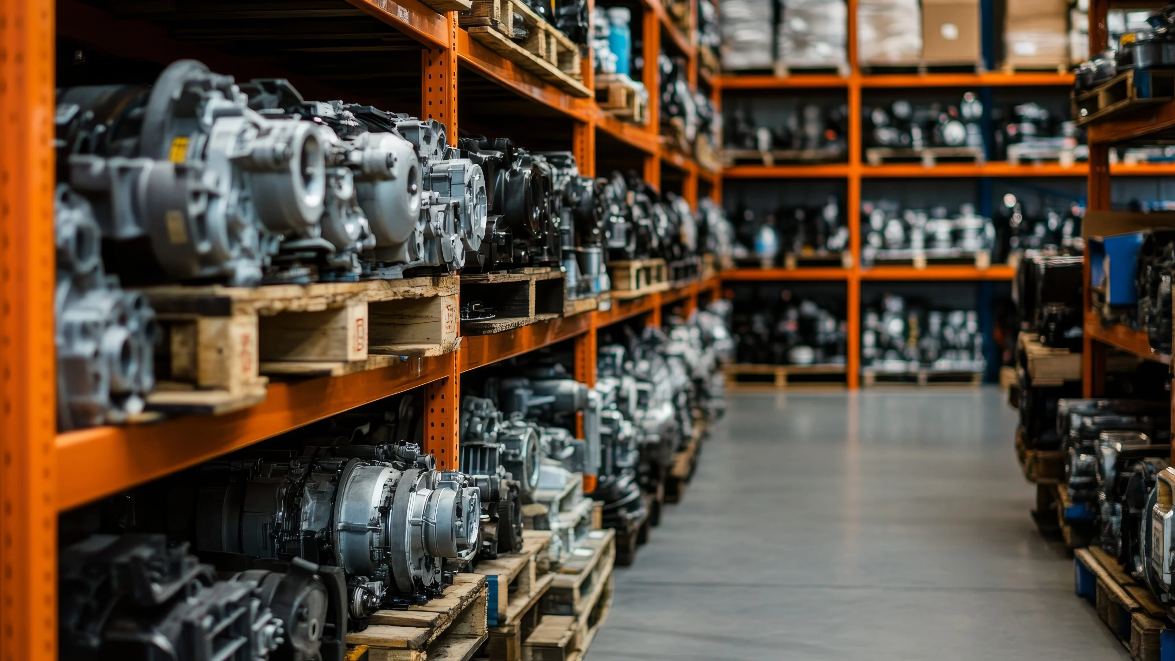 Automotive parts on warehouse shelves.
