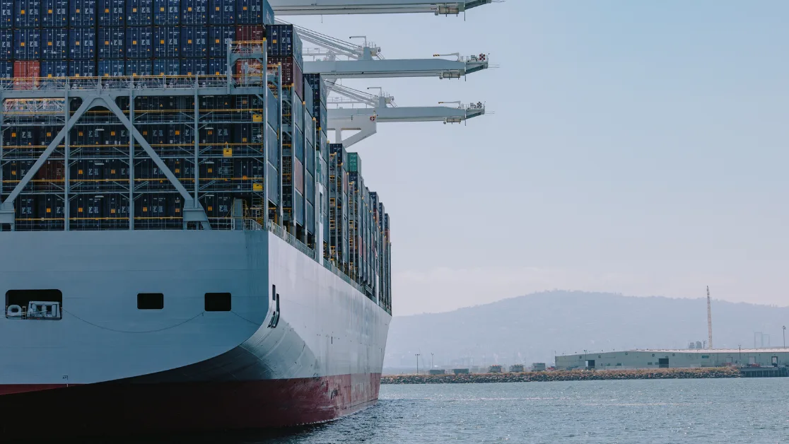 Large cargo ship loaded with stacked shipping containers docked at port with loading cranes and mountains in background.