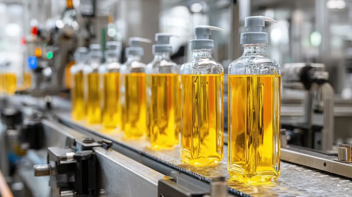 Tapis roulant transportant des produits de consommation liquides nouvellement emballés au cours du processus de fabrication.