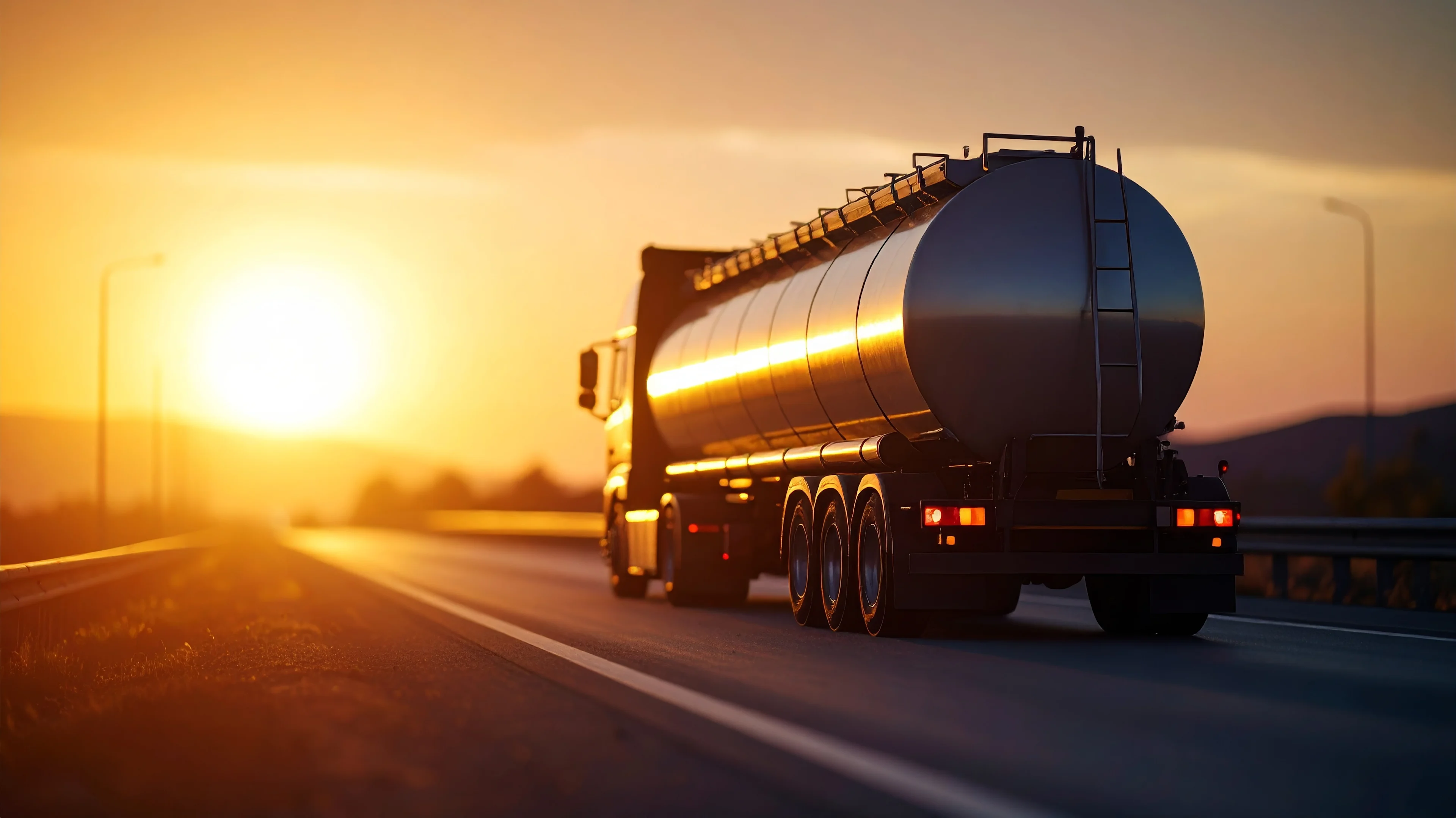 Camión cisterna plateado conduciendo en la carretera con árboles anaranjados de otoño en el fondo durante la puesta del sol.