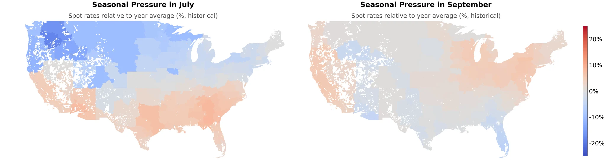 Two side-by-side maps in short-term-outlook.png showing historical seasonal spot rate pressure for July and September. Uses a blue (-20%) to red (+20%) scale to show rates relative to the annual average across US regions.