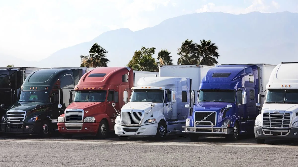 Row of parked semi‑trucks in different colors lined up in a lot with trailers and mountains in the background.