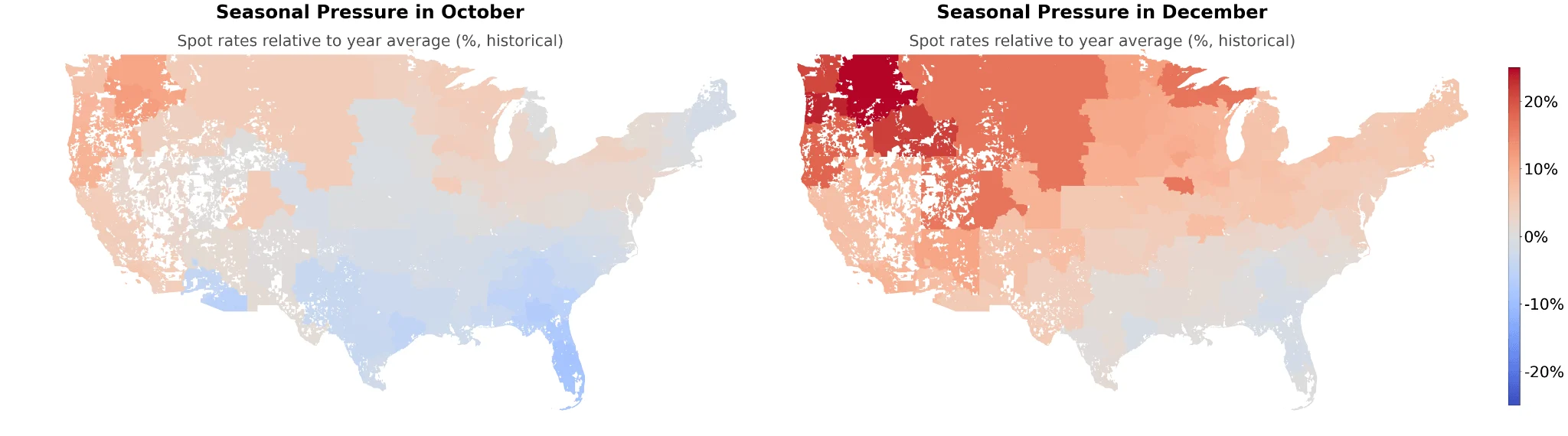 U.S. heat maps showing regional spot rates relative to yearly averages, highlighting Northern market tightening in October and continental tightening in December.