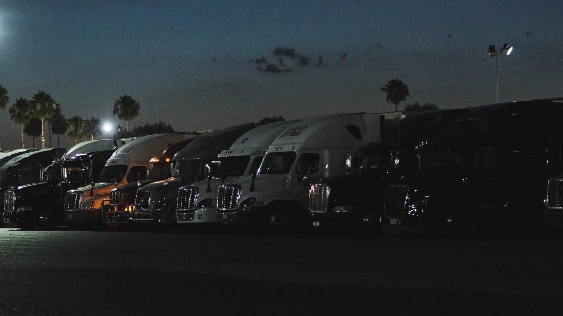 Trucks parked in a row at night.