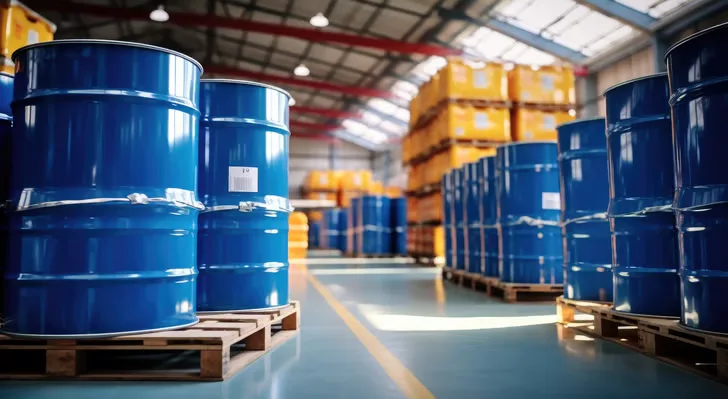 Blue chemical barrels on pallets in a warehouse