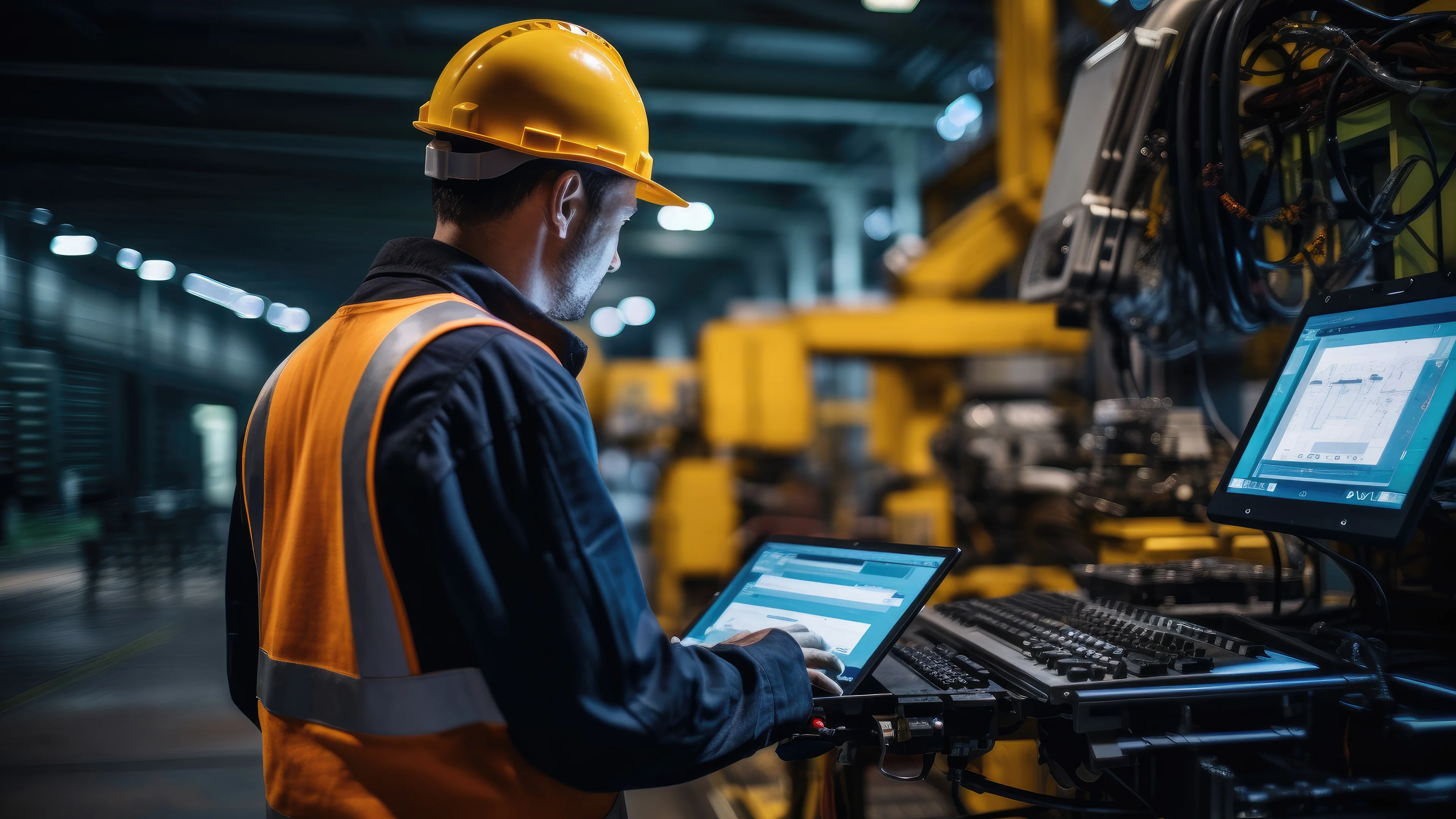 Construction worker in yellow hard hat and safety vest operating industrial equipment using a tablet in a factory.