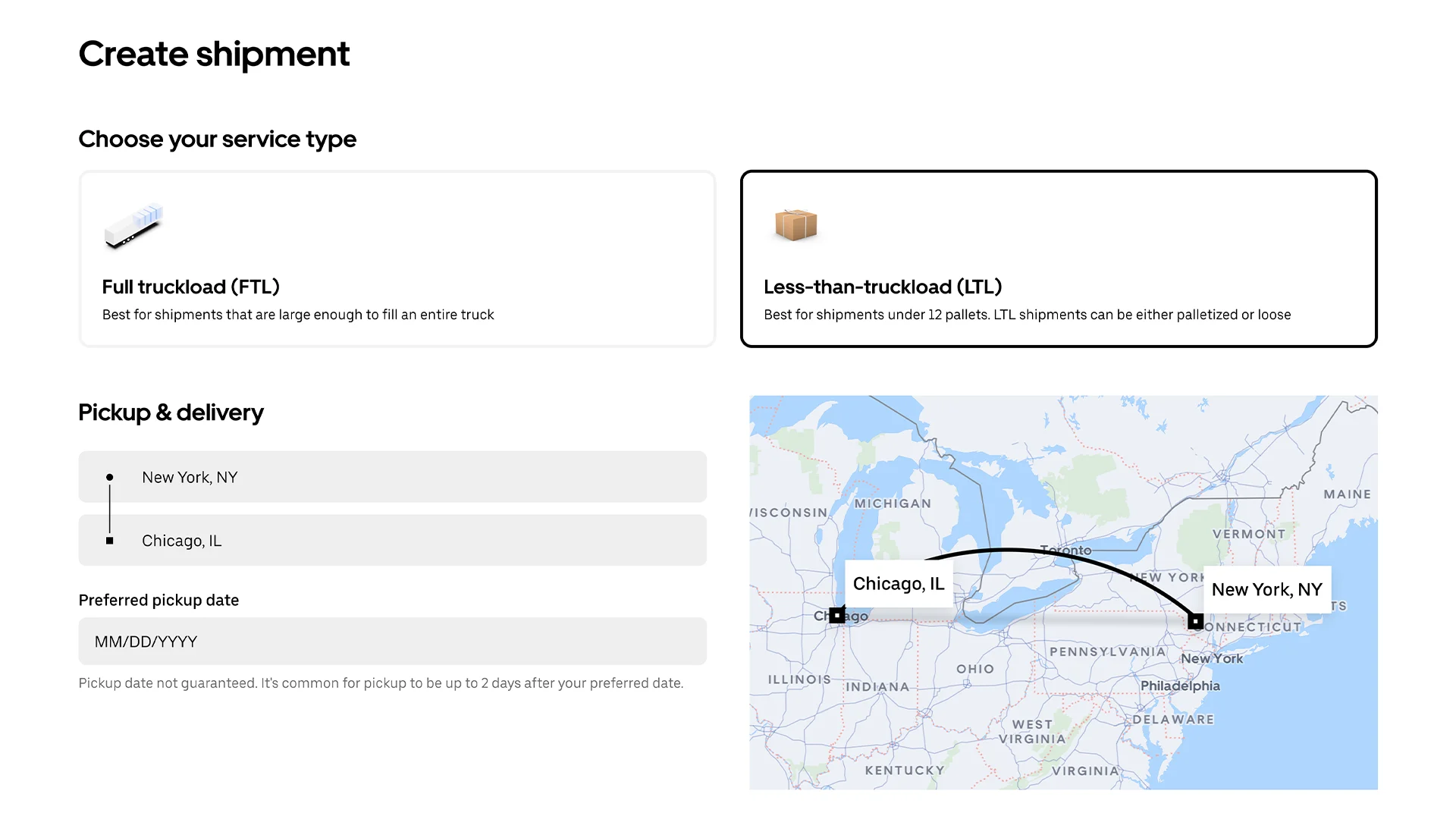 Shipping interface showing FTL and LTL options with a map displaying route from Chicago to New York for pickup and delivery.