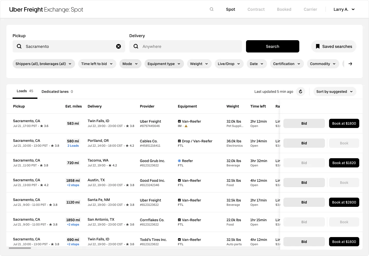 Uber Freight Exchange interface showing available loads from Sacramento to various destinations with pricing, equipment, and booking options.