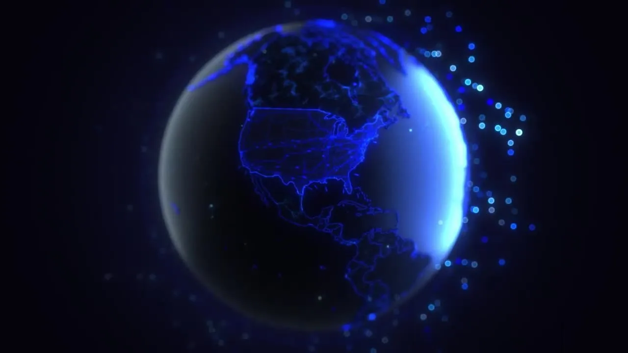 Digital globe showing North America with glowing blue outlines against dark background, surrounded by light particles.