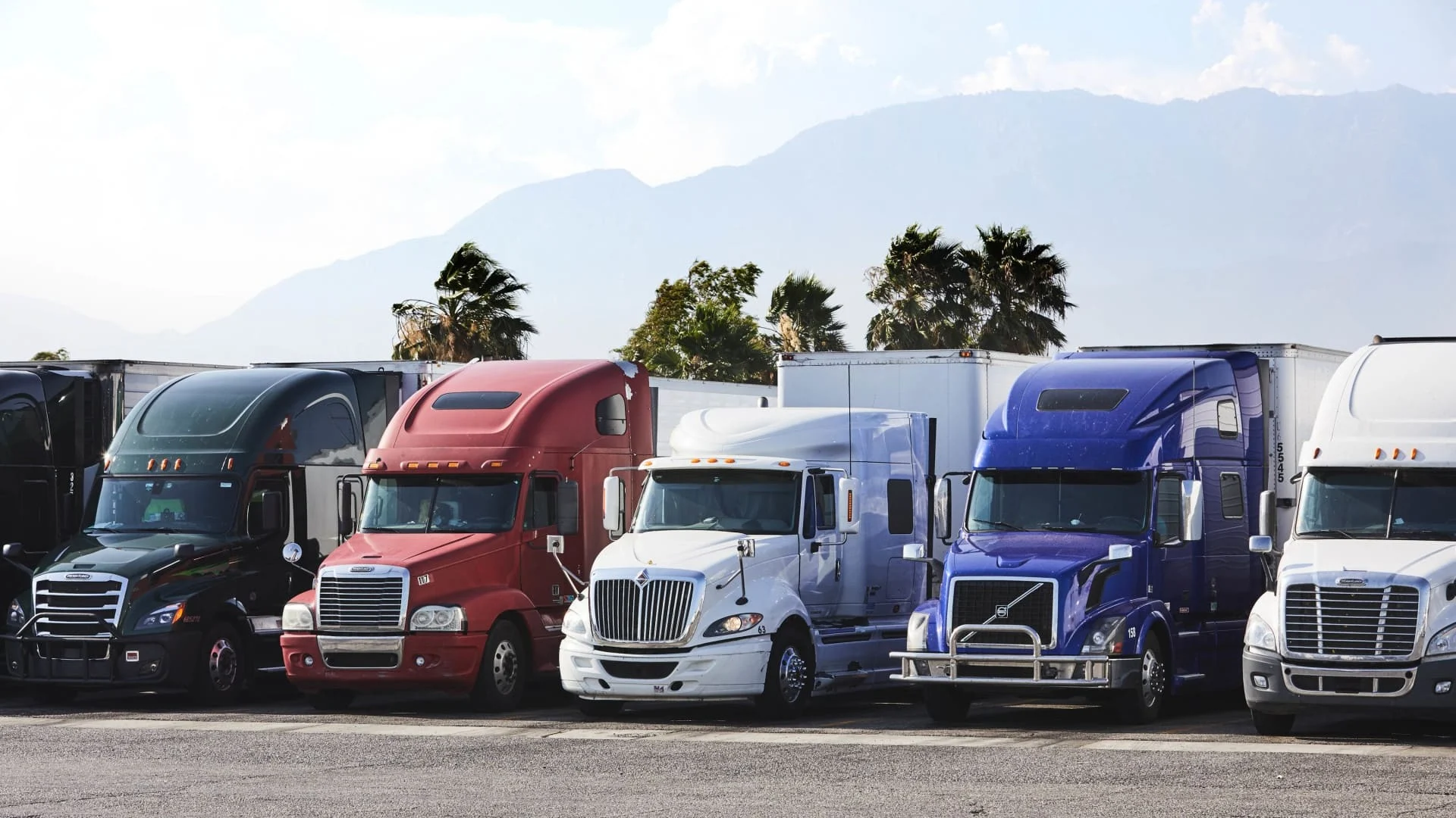 Row of trucks parked.