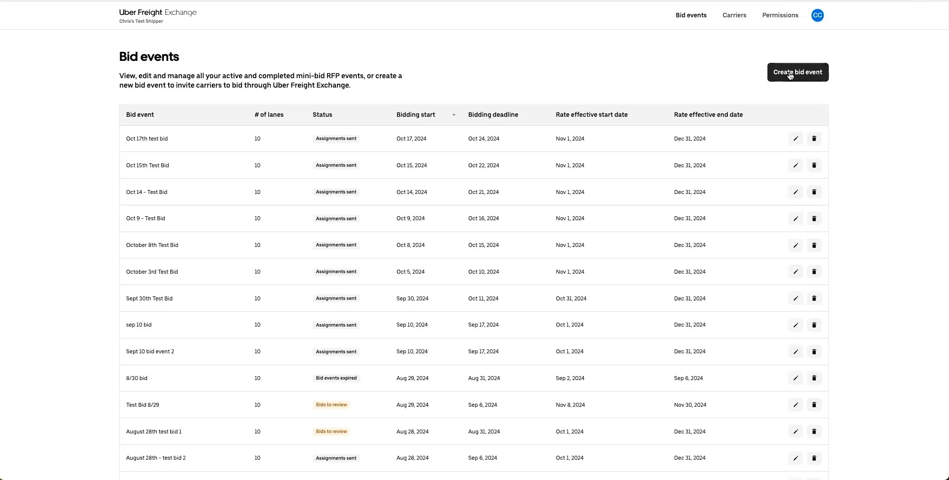 Dashboard interface of Uber Freight Exchange showing options to start a contract bid or mini-RFP event.