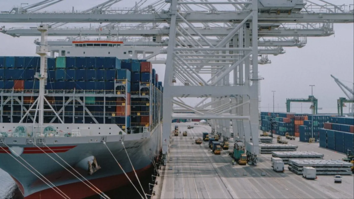 Container ship at port.