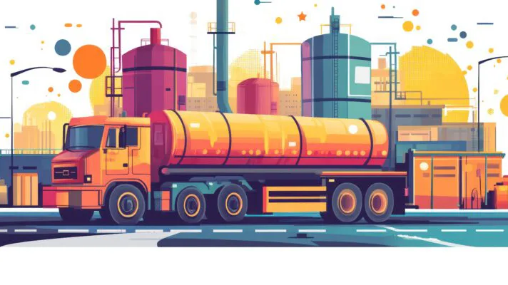 Orange tanker truck parked at colorful industrial facility with storage tanks and processing equipment.