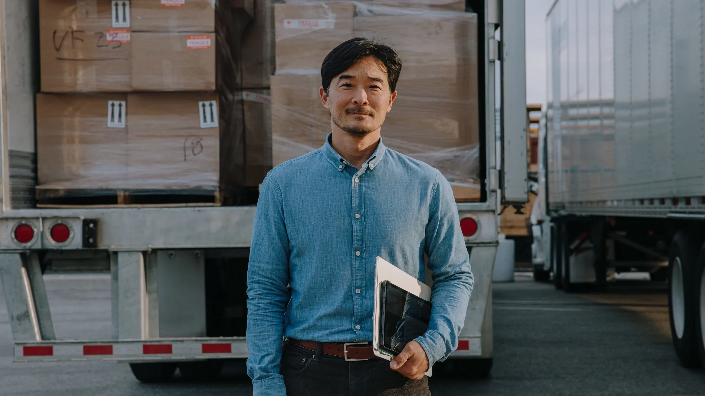Man standing behind open door truck.