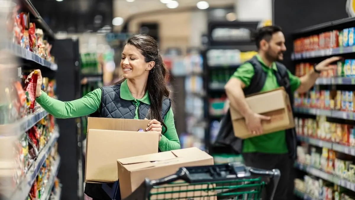 Un employé de commerce souriant, vêtu d'une chemise et d'un gilet verts, dispose des articles sur un rayon de supermarché depuis un carton, tandis qu'un collègue masculin réapprovisionne les rayons en arrière-plan.
