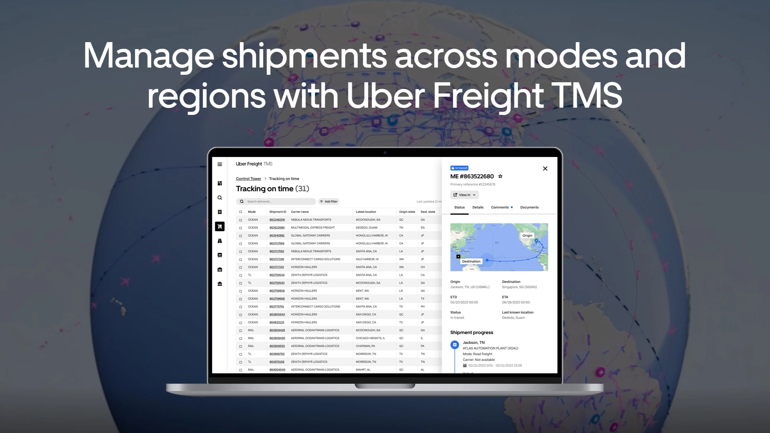 Laptop displaying Uber Freight TMS dashboard with shipment tracking interface against global logistics network background.