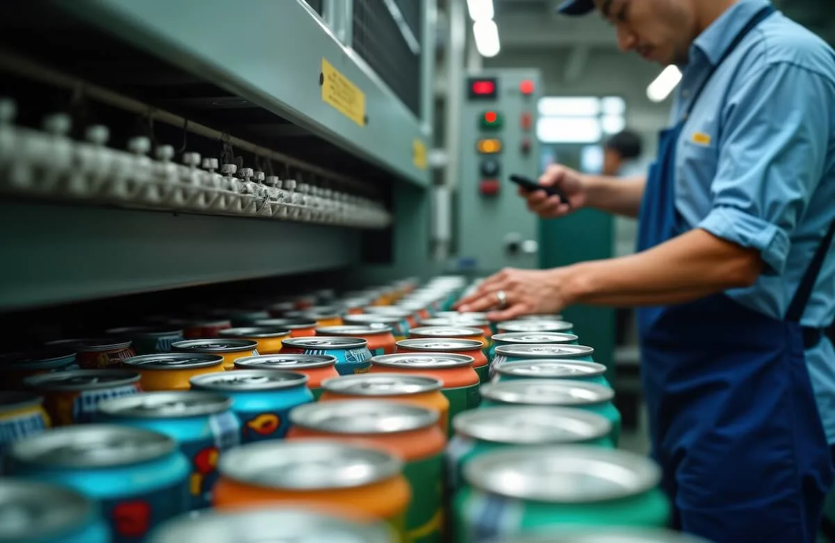 Close-up view of a factory worker in a blue uniform checking colorful beverage cans as they move along an automated assembly line in a modern industrial facility
