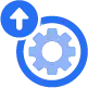 Blue circular icon with upward arrow above a gear symbol, representing upload settings or configuration options.