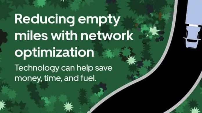 Aerial view of truck on winding road with text about reducing empty miles through network optimization to save resources.