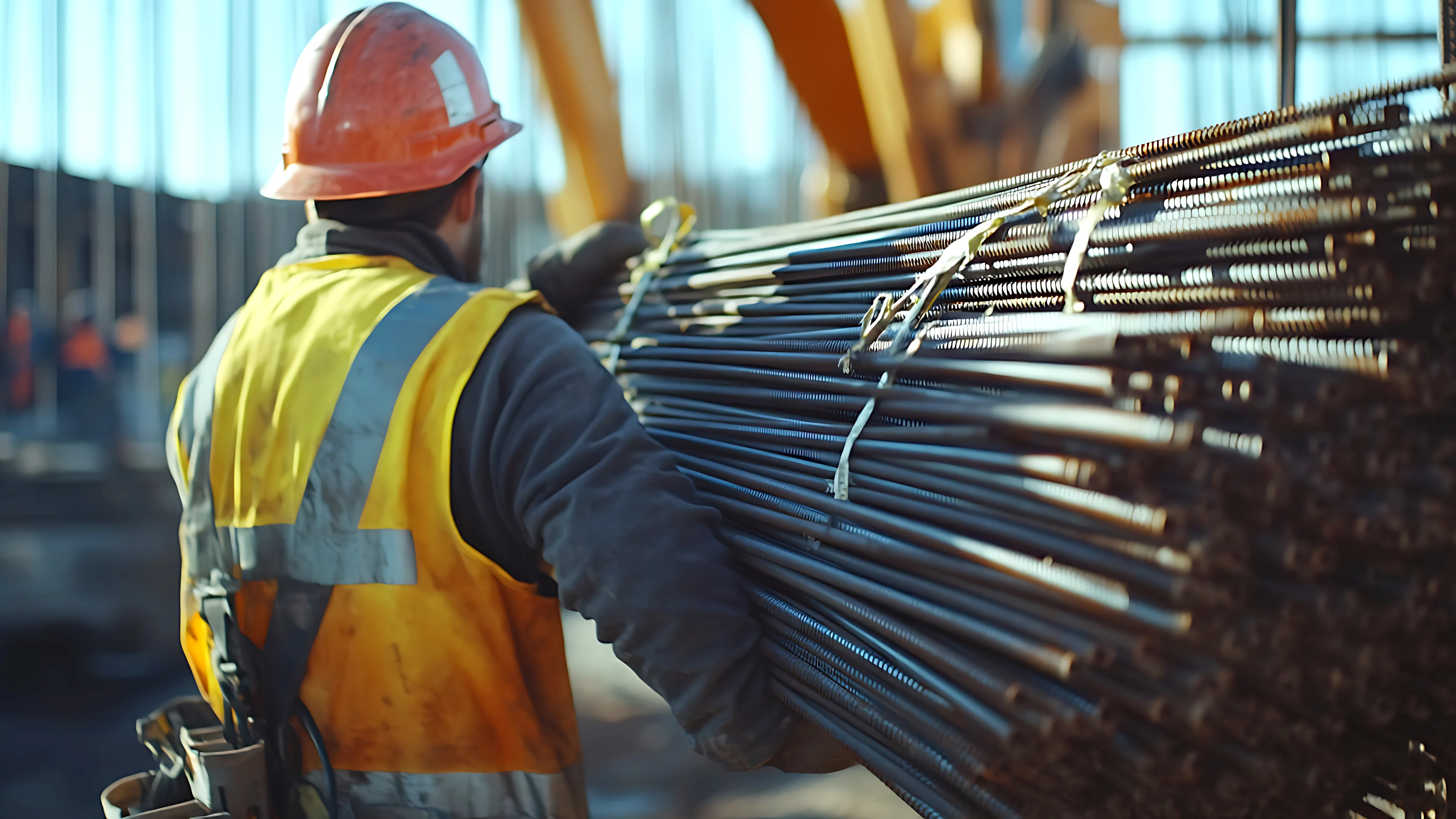 Construction worker in orange helmet and yellow safety vest handling steel reinforcement bars at a building site.